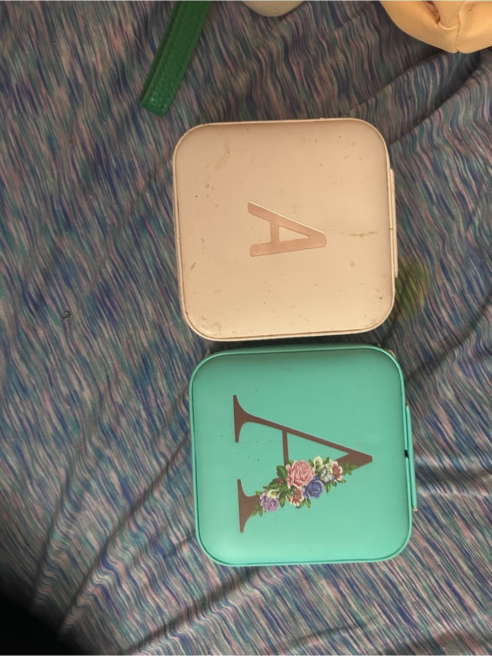 Monogram 'A' Compact Travel Jewelry Boxes TWO- Turquoise & Pink